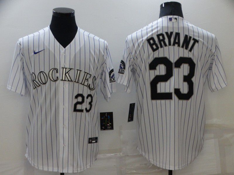 Men Colorado Rockies 23 Bryant White Strip Game Nike 2022 MLB Jersey